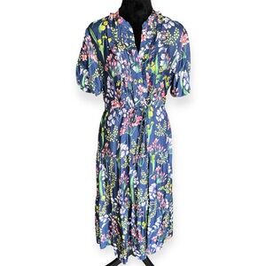 J. McLaughlin Harper Silk Short Sleeve Dress in Sprig Navy/Multi Floral Medium